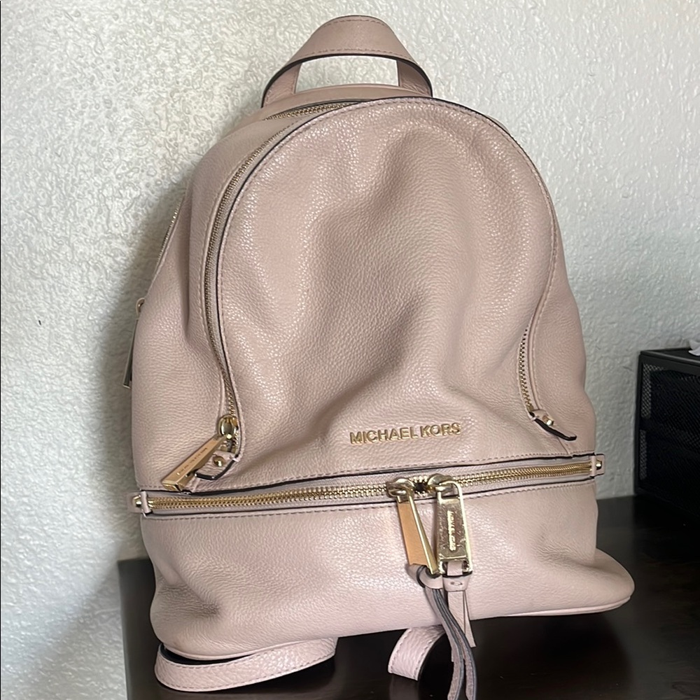 Michael Kors Pink Backpack with Textured Leather and Gold Zippers